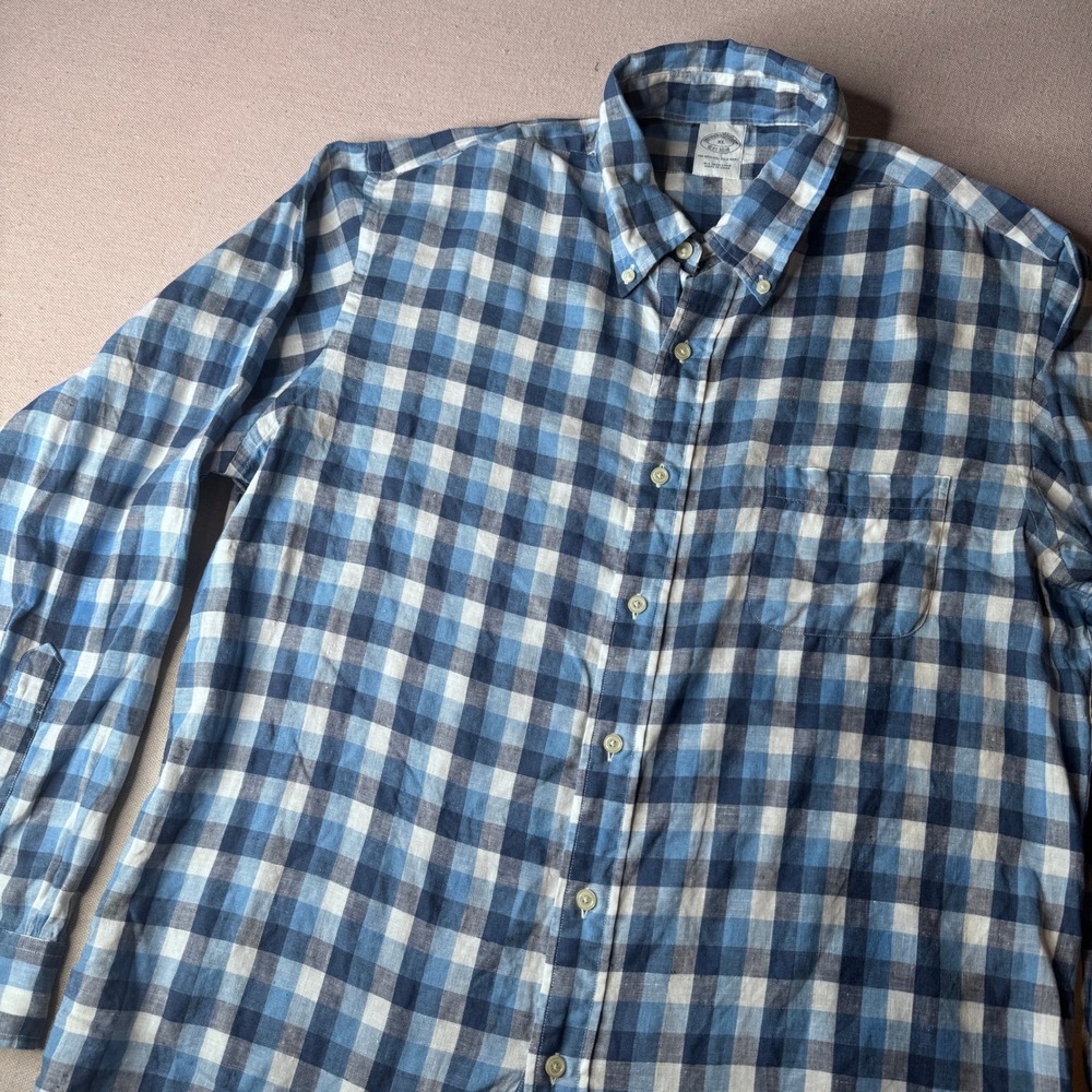 Brooks Brothers Mens‎ XL Blue 100% Irish Linen Plaid Collared Button Down Shirt